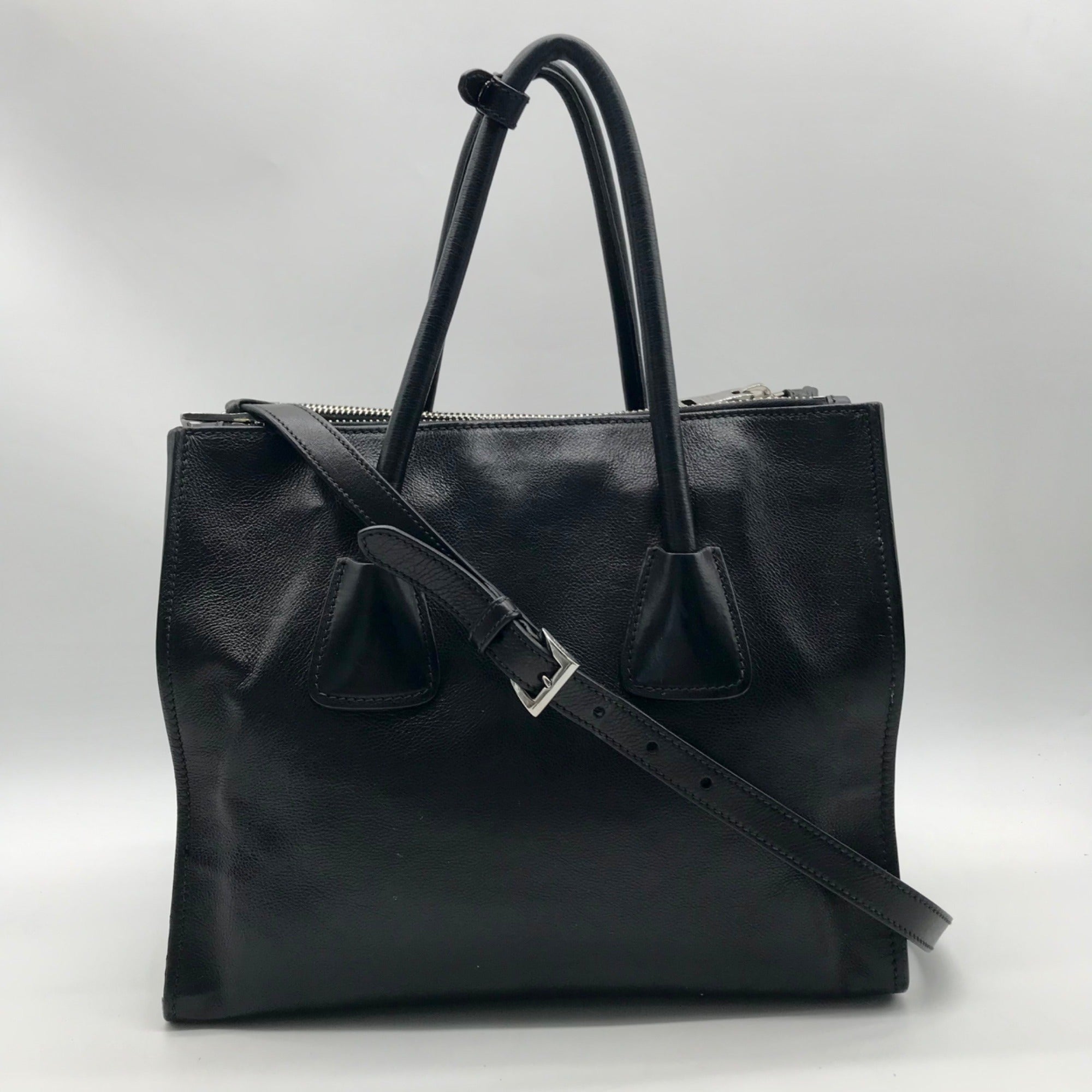 Prada Black Leather Glace Calf Twin Pocket Tote Bag – One Purse