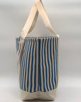 Aqua Blue & White Striped Cotton Canvas Tote Bag