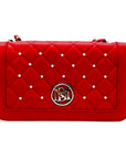 Badgley Mischka Red Quilted Faux Leather And Pearl Crossbody