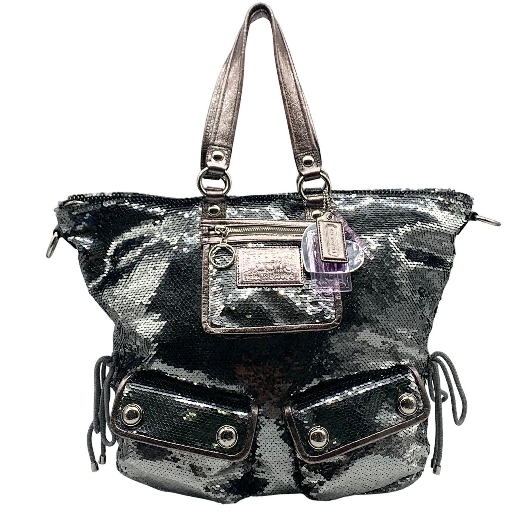 Coach Stone Gray Blue Poppy Sequin Spotlight Convertible Tote