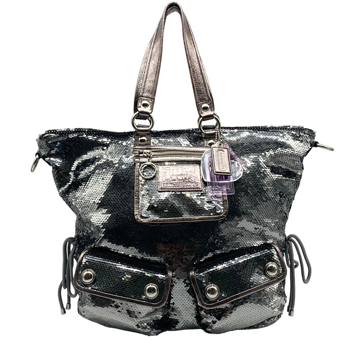 Coach Stone Gray Blue Poppy Sequin Spotlight Convertible Tote