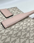 Michael Kors Carmen Vanilla/Powder Blush Signature Canvas Medium Belted Satchel