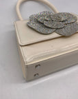 Nina Crystal Beige faux Leather Flower Embellished Patent Satchel Bag