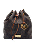 Michael Kors Dark Brown Signature Coated Canvas Jules Drawstring Shoulder Bag