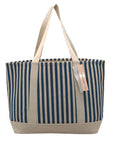 Aqua Blue & White Striped Cotton Canvas Tote Bag