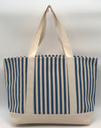 Aqua Blue & White Striped Cotton Canvas Tote Bag