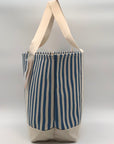 Aqua Blue & White Striped Cotton Canvas Tote Bag