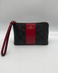 Coach Bold Red & Walnut Corner Signature Canvas Zip Wristlet