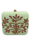 Singhvis Pink & Green Embroidered Fabric Fall Convertible Clutch