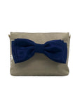 Leslie Dasch Dress For Cocktails Beige and Gold Speckled Tweed Handbag Blue Bow