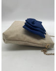 Leslie Dasch Dress For Cocktails Beige and Gold Speckled Tweed Handbag Blue Bow