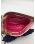 Leslie Dasch Dress For Cocktails Beige and Gold Speckled Tweed Handbag Blue Bow