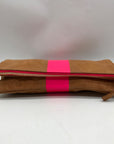 Clare V Camel Brown Leather With Pink Stripe Foldover Clutch