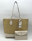 Michael Kors Eva Large Woven Straw and Cream Leather Trim Tote Bag with Leather Pouch