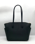 Black handbag with a gold zipper on a white background