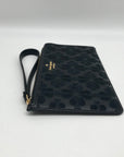 Kate Spade Black Refined Grain Leather Flower Embroidered Medium L-Zip Wristlet