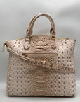 Zan Studio Beige Croc Embossed Leather Convertible Satchel Bag