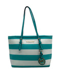 Michael Kors Teal & White Striped Saffiano Leather Tote Bag