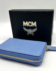 MCM Aren Della Robbia Blue Embossed Monogram Leather Card Case