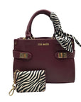 Steve Madden Burgundy Satchel With Animal Print Scarf And Card Holder Wallet