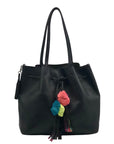 Loeffler Randall Black Leather Pom-Pom Drawstring Tote Bag