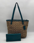 Coach Khaki And Blue Trim Monogram Canvas Shoulder Bag & Wallet