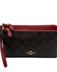 Coach Red And Brown Coated Canvas Double Zip Wristlet