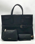 Anne Klein Black Faux Saffiano Leather Large Tote Bag Set