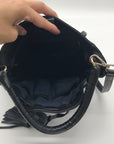Cole Hann Black Pebbled Leather Drawstring Bucket Bag