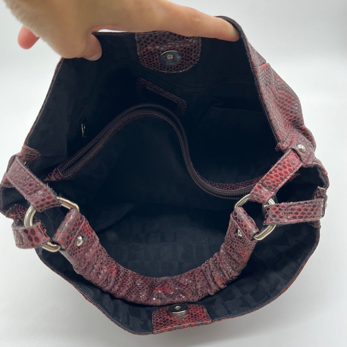 Furla Red Snakeskin-Embossed Leather Hobo Shoulder Bag