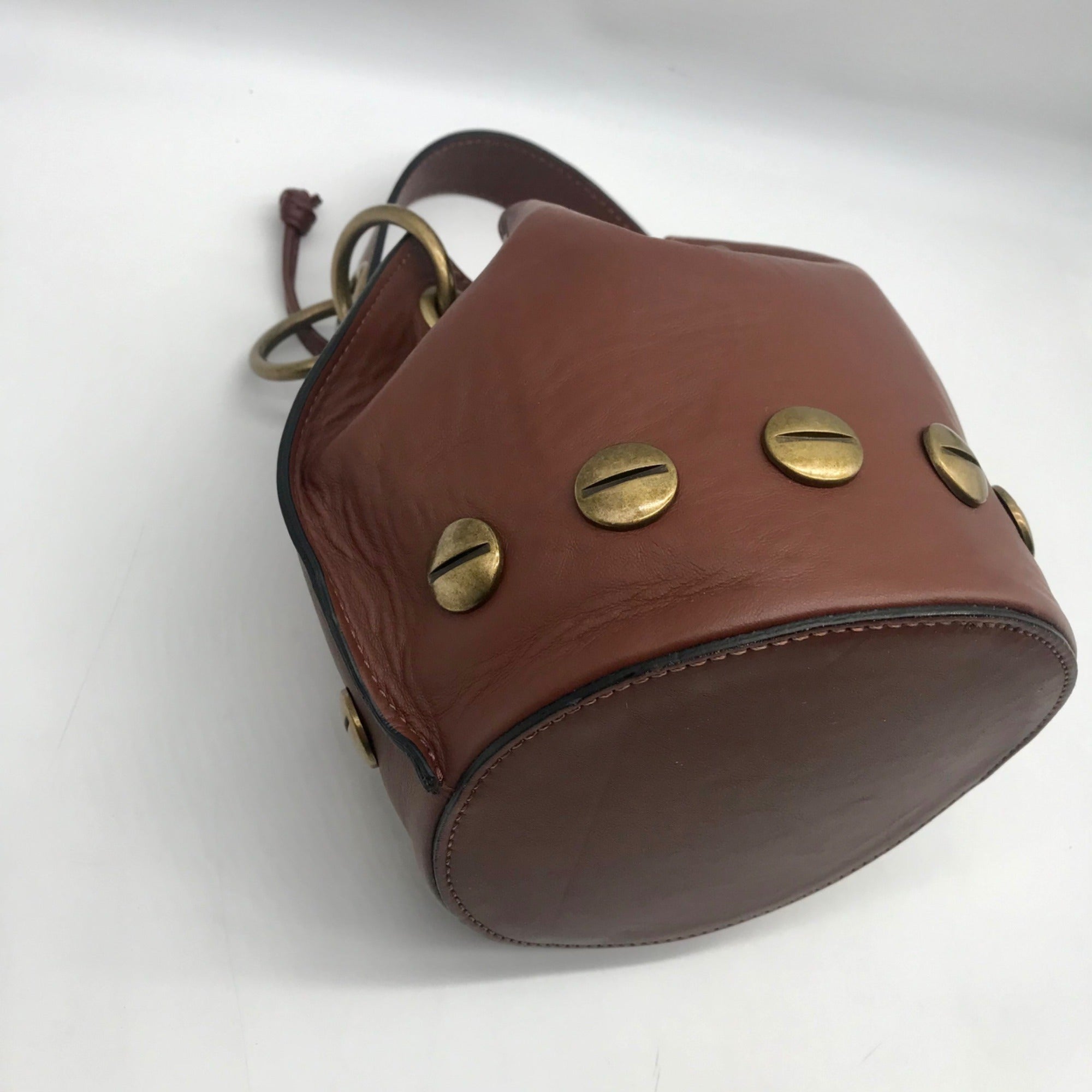 Stella Bianca Brown Leather Drawcord Studded Bucket Bag