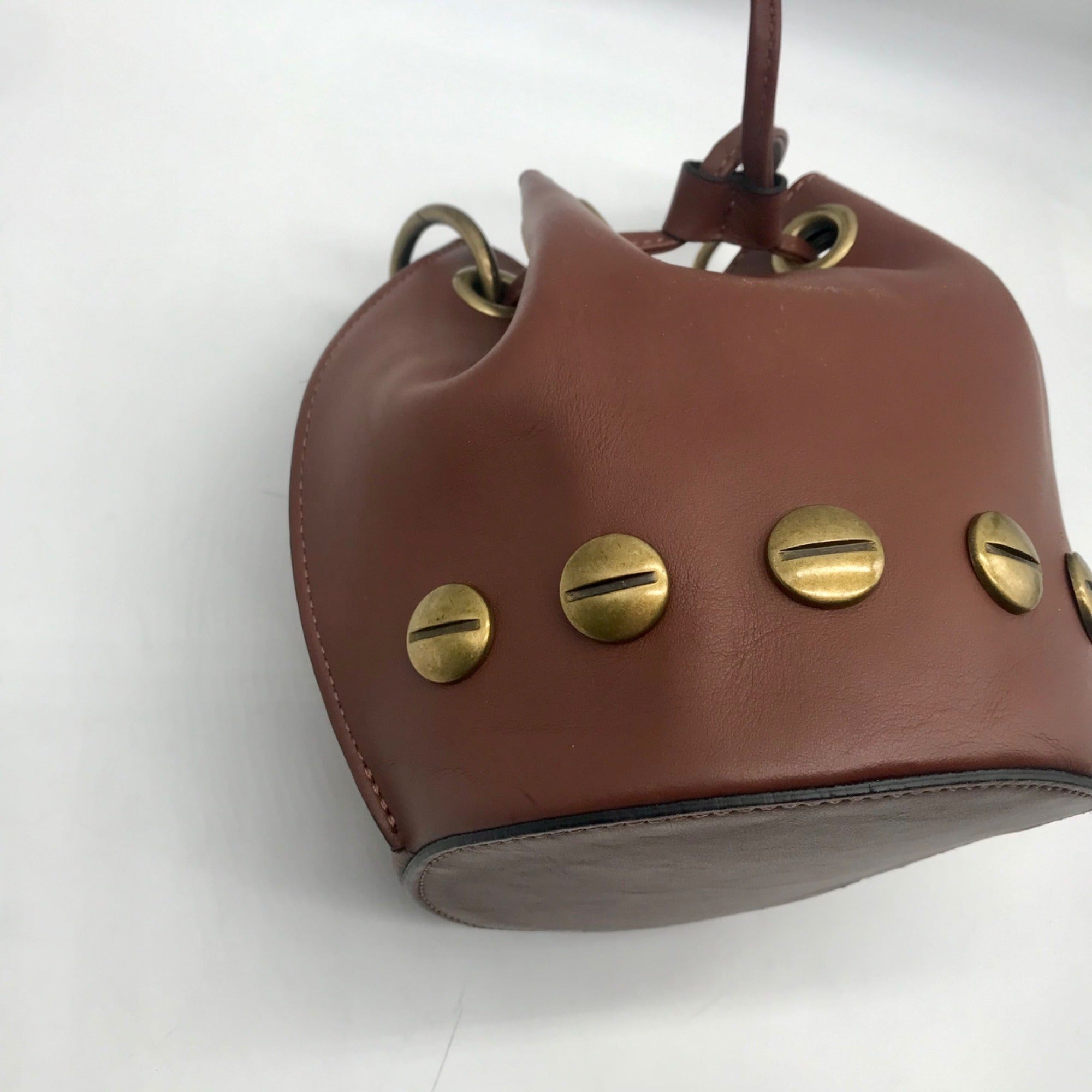 Stella Bianca Brown Leather Drawcord Studded Bucket Bag