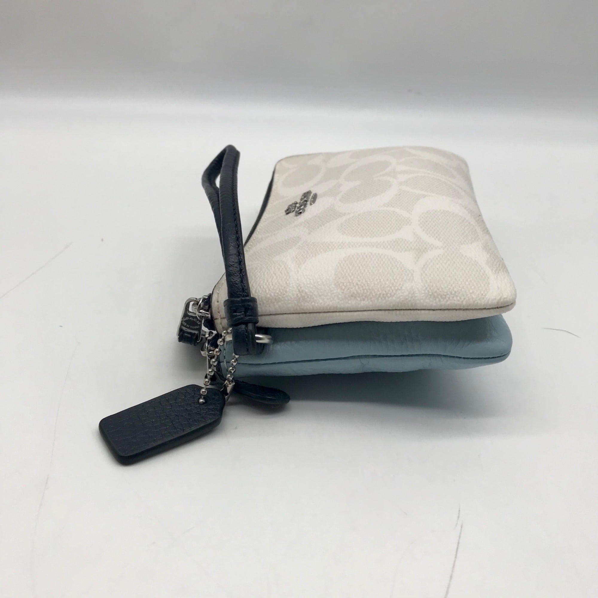 Coach White and Blue Signature Canvas Corner Zip Wristlet
