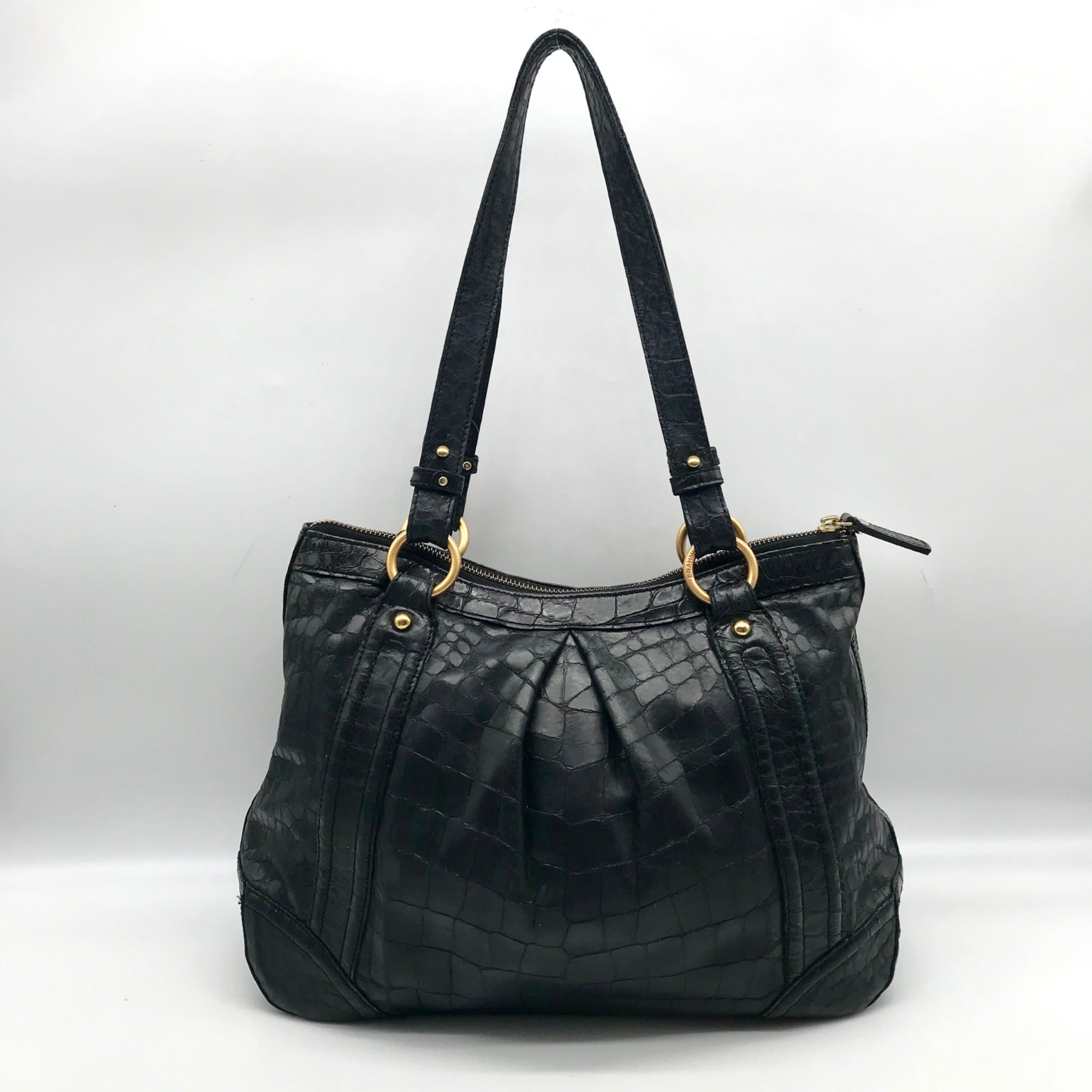 Brahmin Black Selma Croc Embossed Leather Shoulder Bag