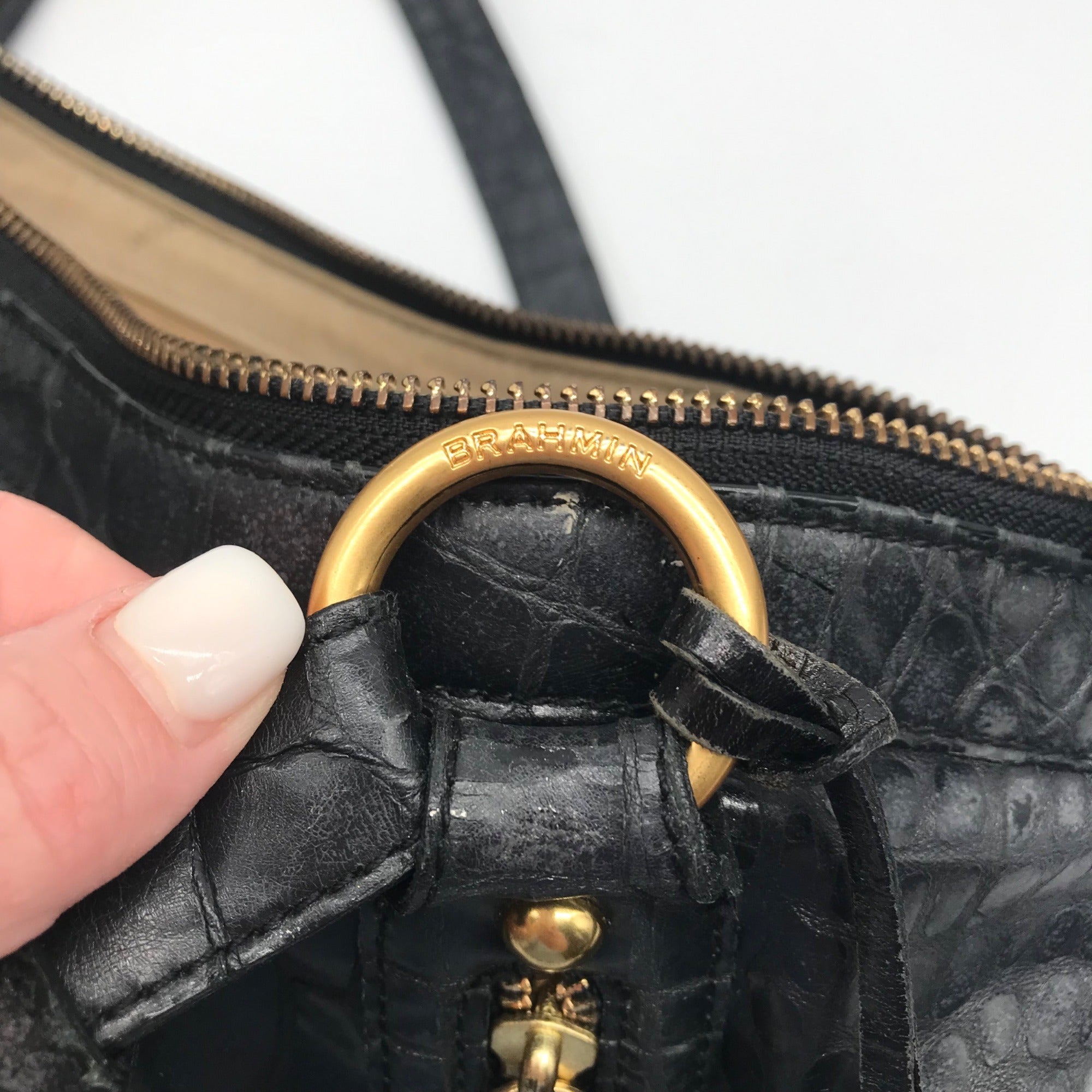 Brahmin Black Selma Croc Embossed Leather Shoulder Bag