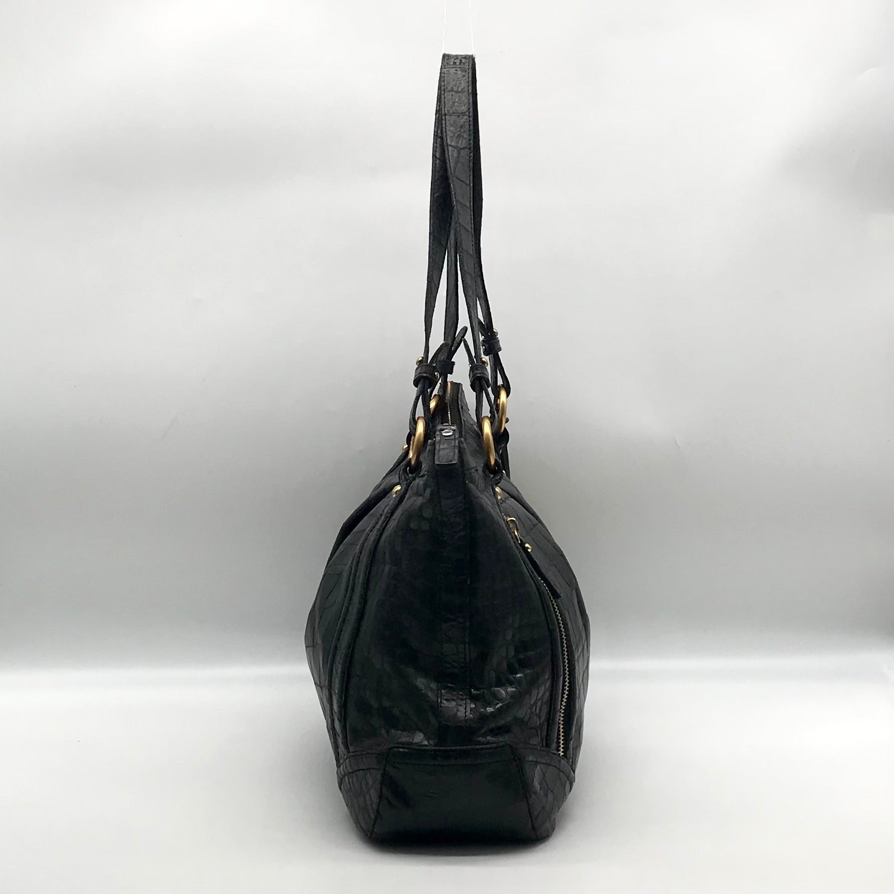 Brahmin Black Selma Croc Embossed Leather Shoulder Bag