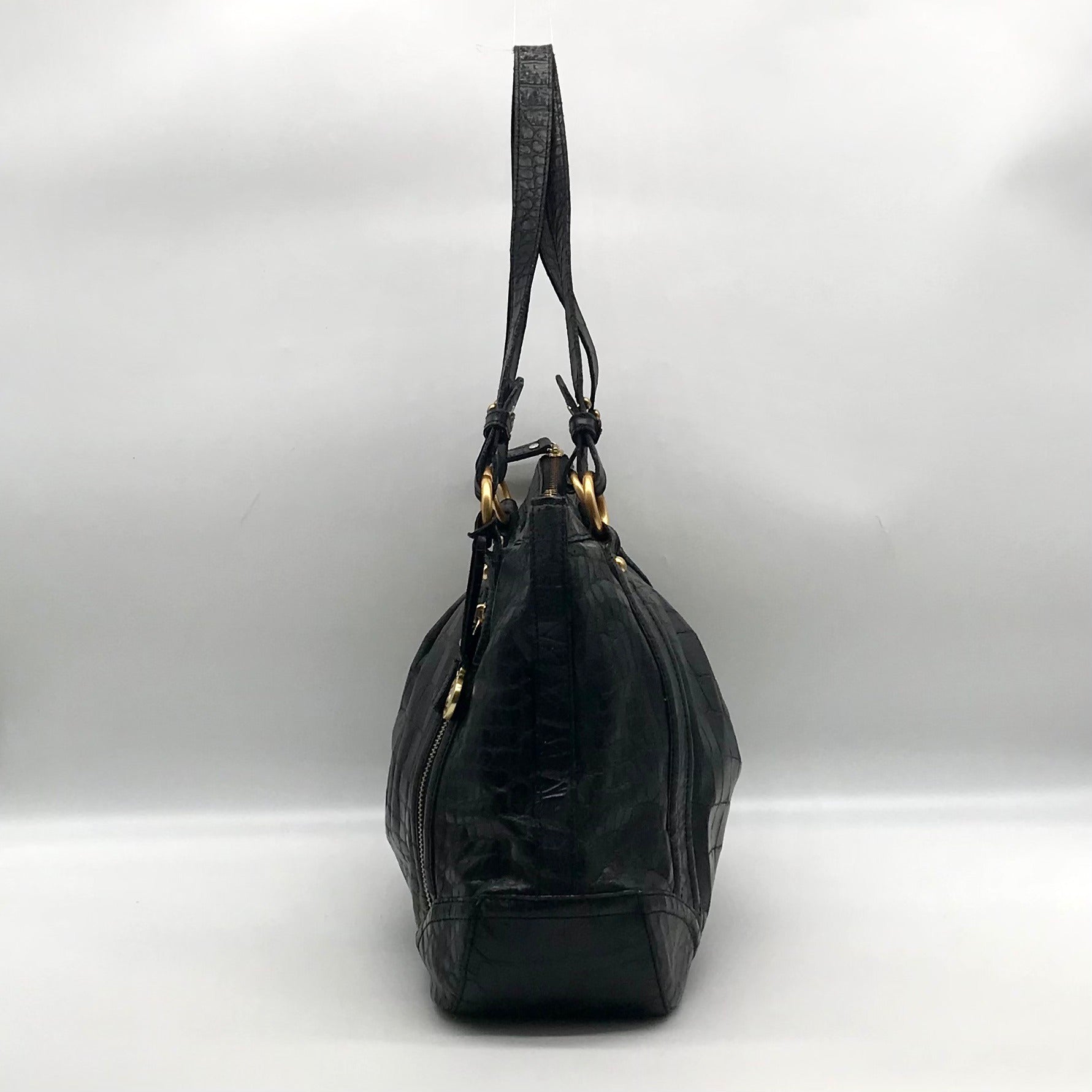 Brahmin Black Selma Croc Embossed Leather Shoulder Bag