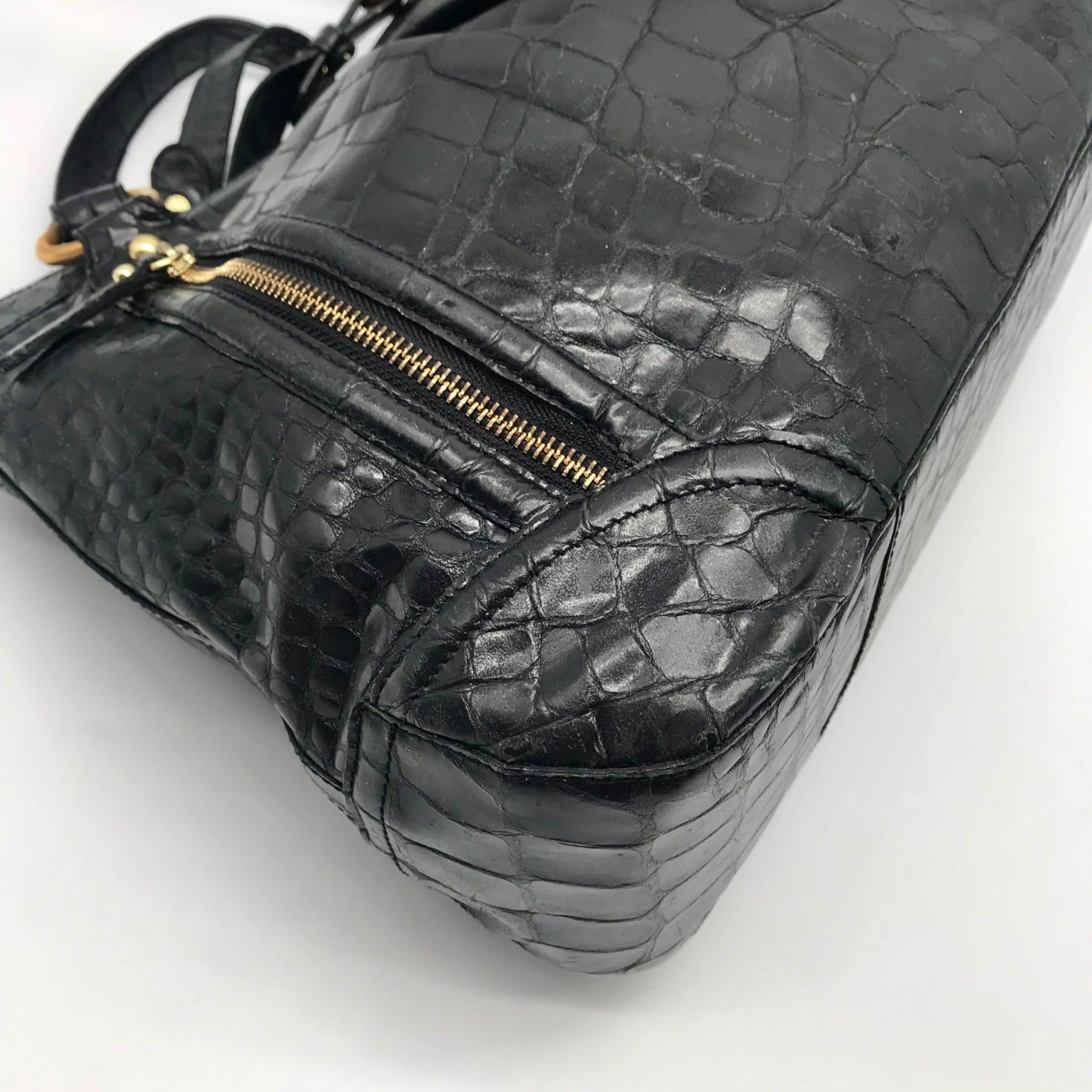 Brahmin Black Selma Croc Embossed Leather Shoulder Bag