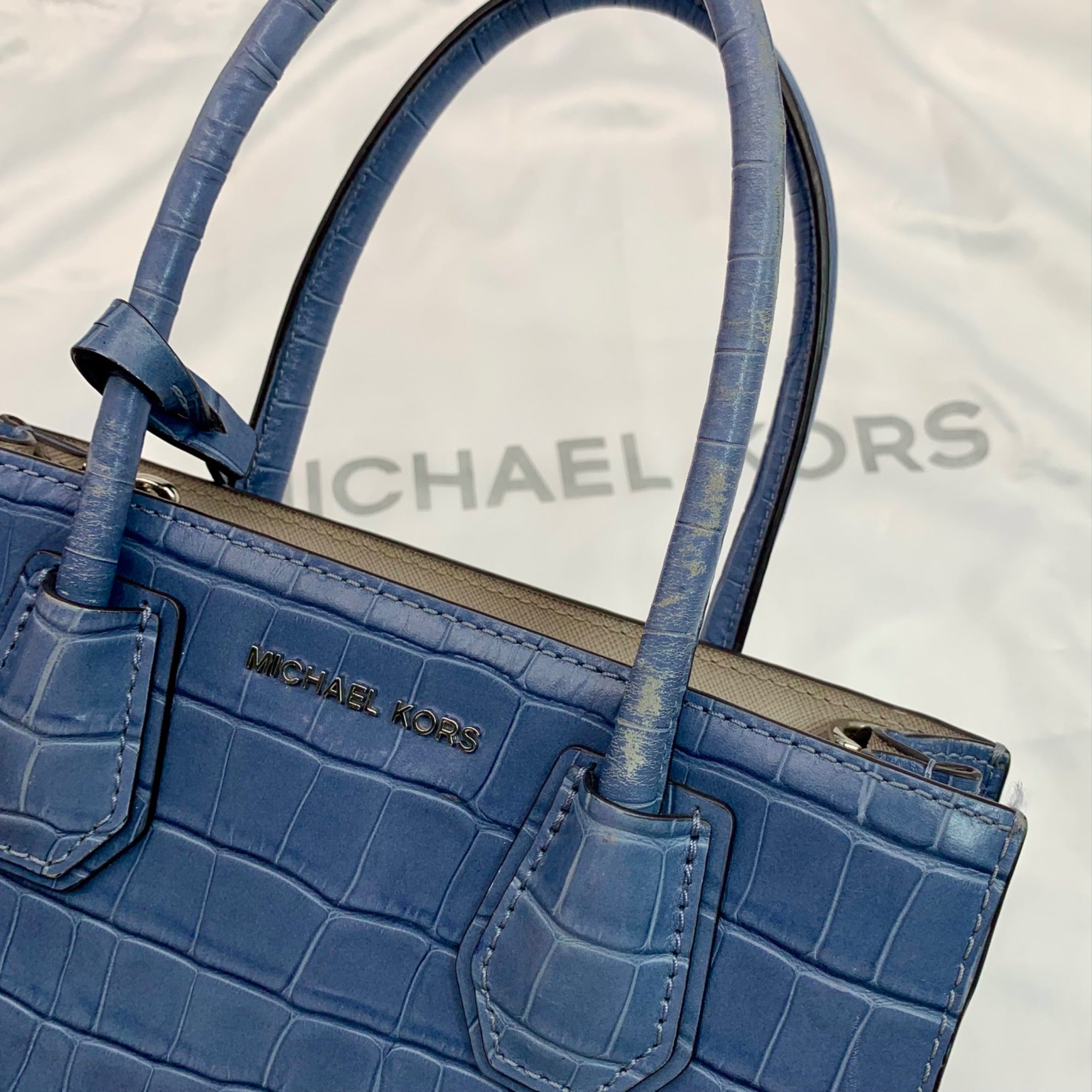 Michael Kors Studio Mercer Denim Croc-Embossed Convertible Tote