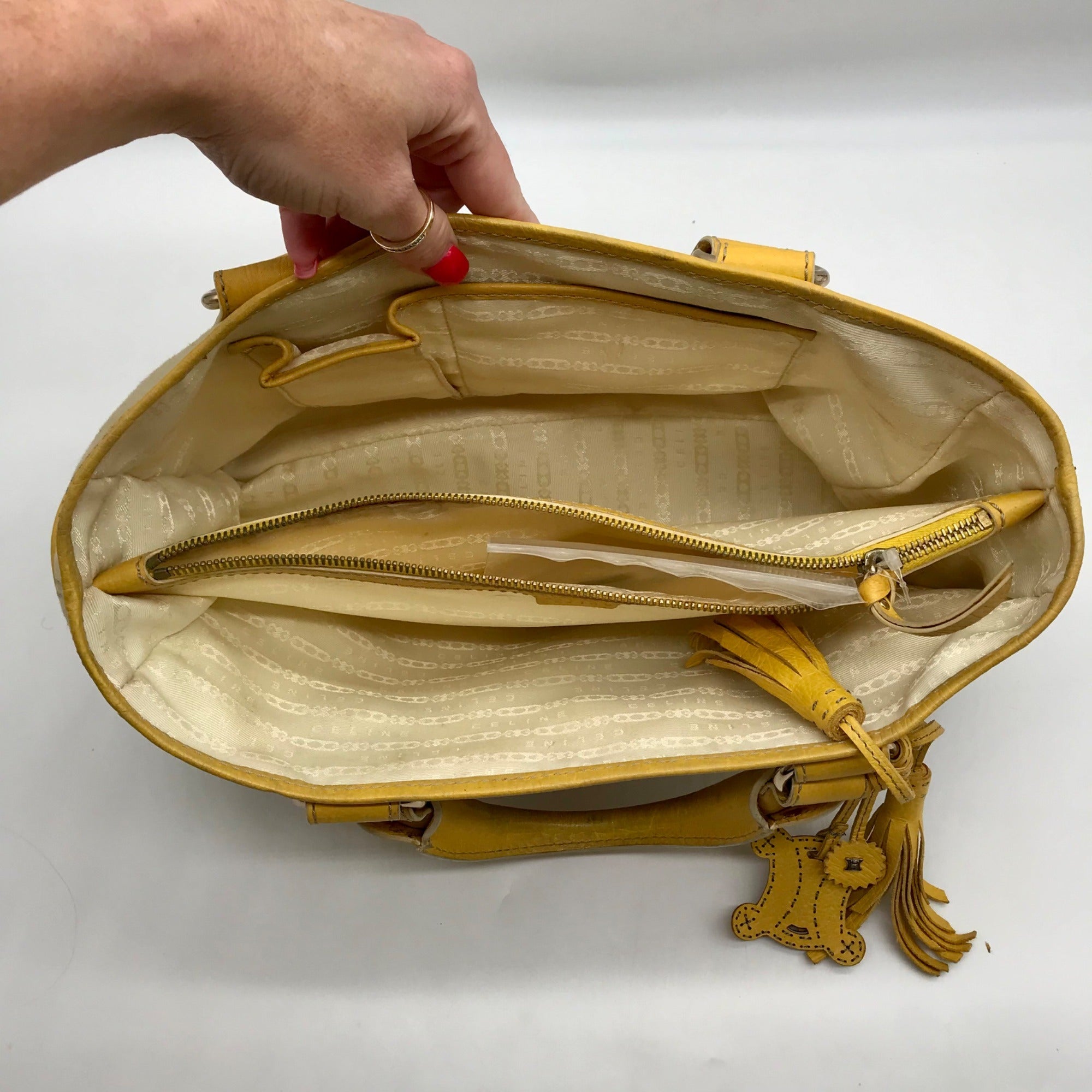 Celine Beige And Yellow Canvas Boogie Satchel Bag