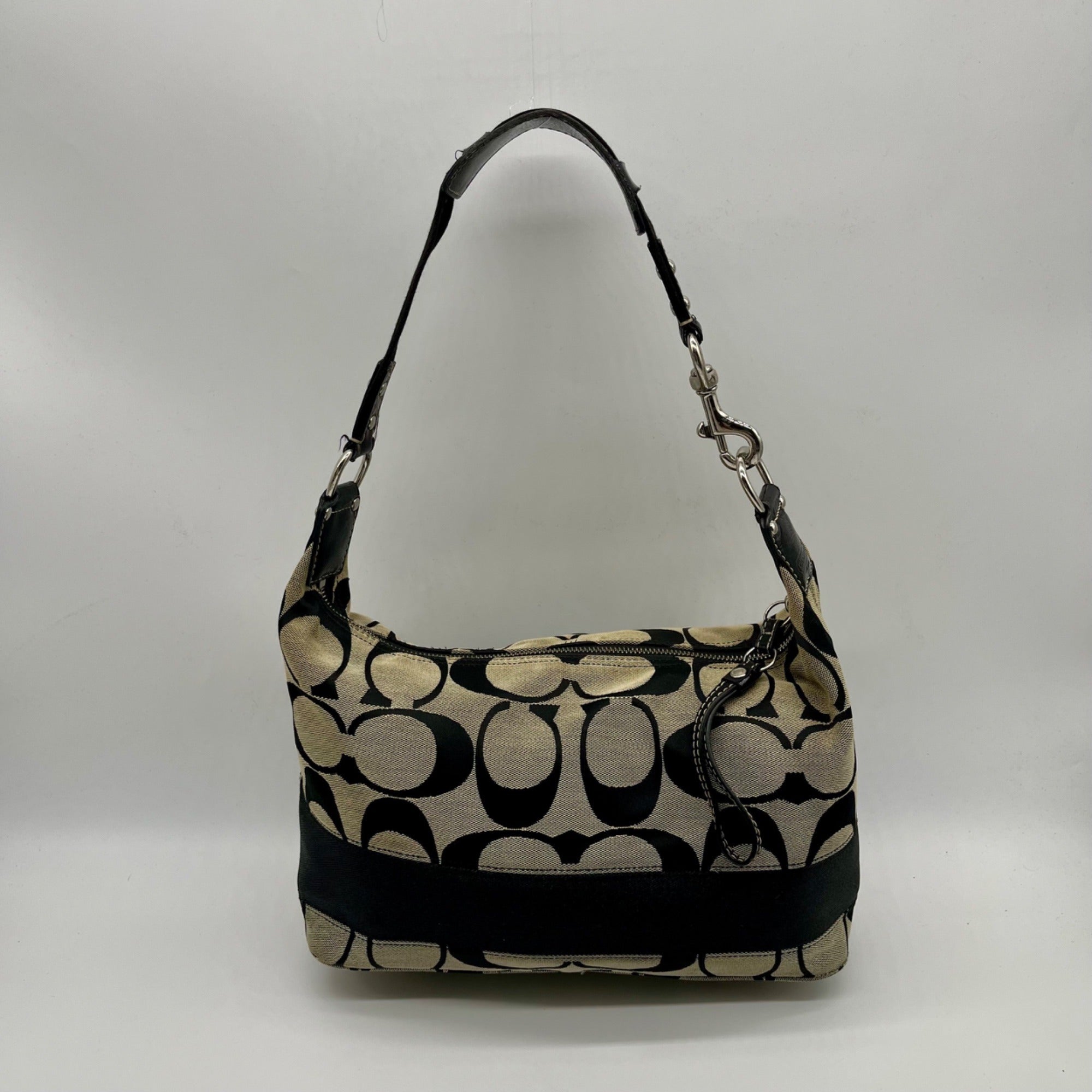 Coach Black Signature Strip Canvas Hobo Bag- F17434