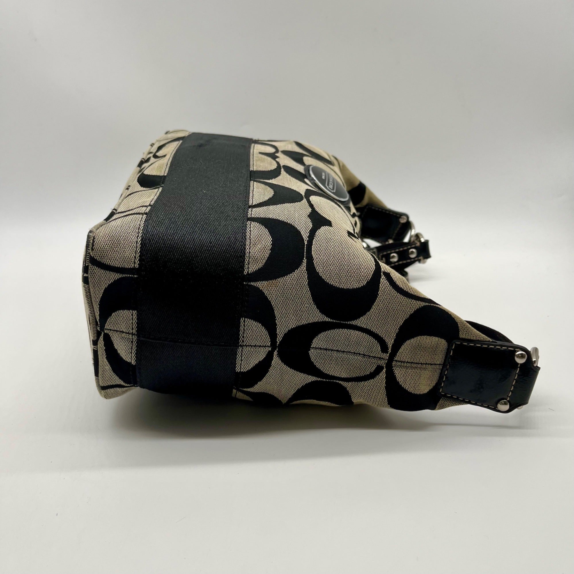 Coach Black Signature Strip Canvas Hobo Bag- F17434