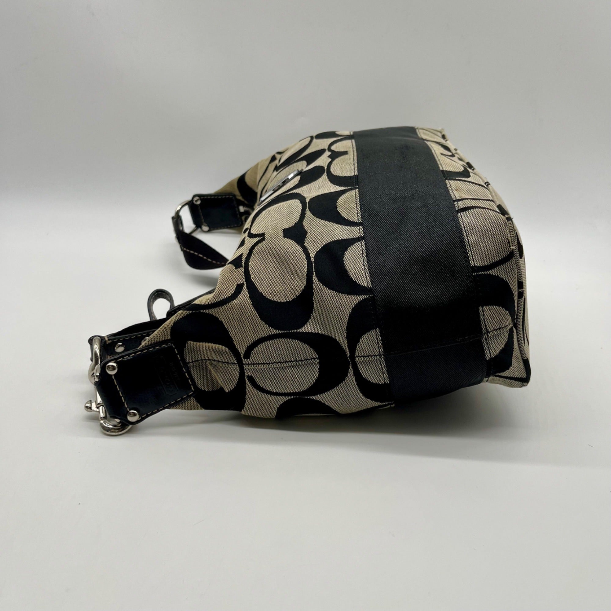 Coach Black Signature Strip Canvas Hobo Bag- F17434