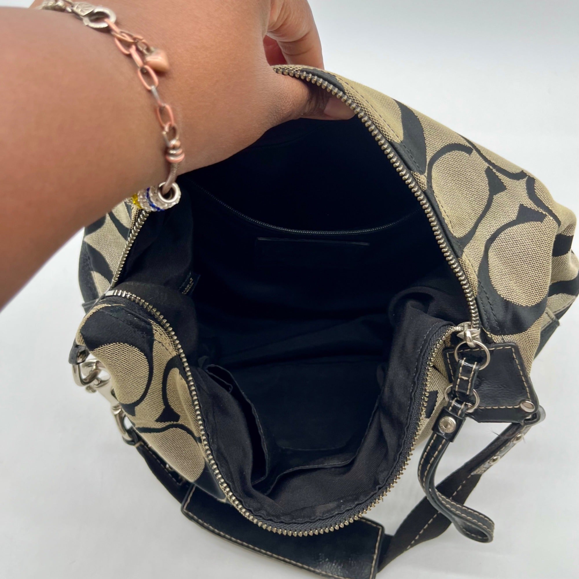 Coach Black Signature Strip Canvas Hobo Bag- F17434