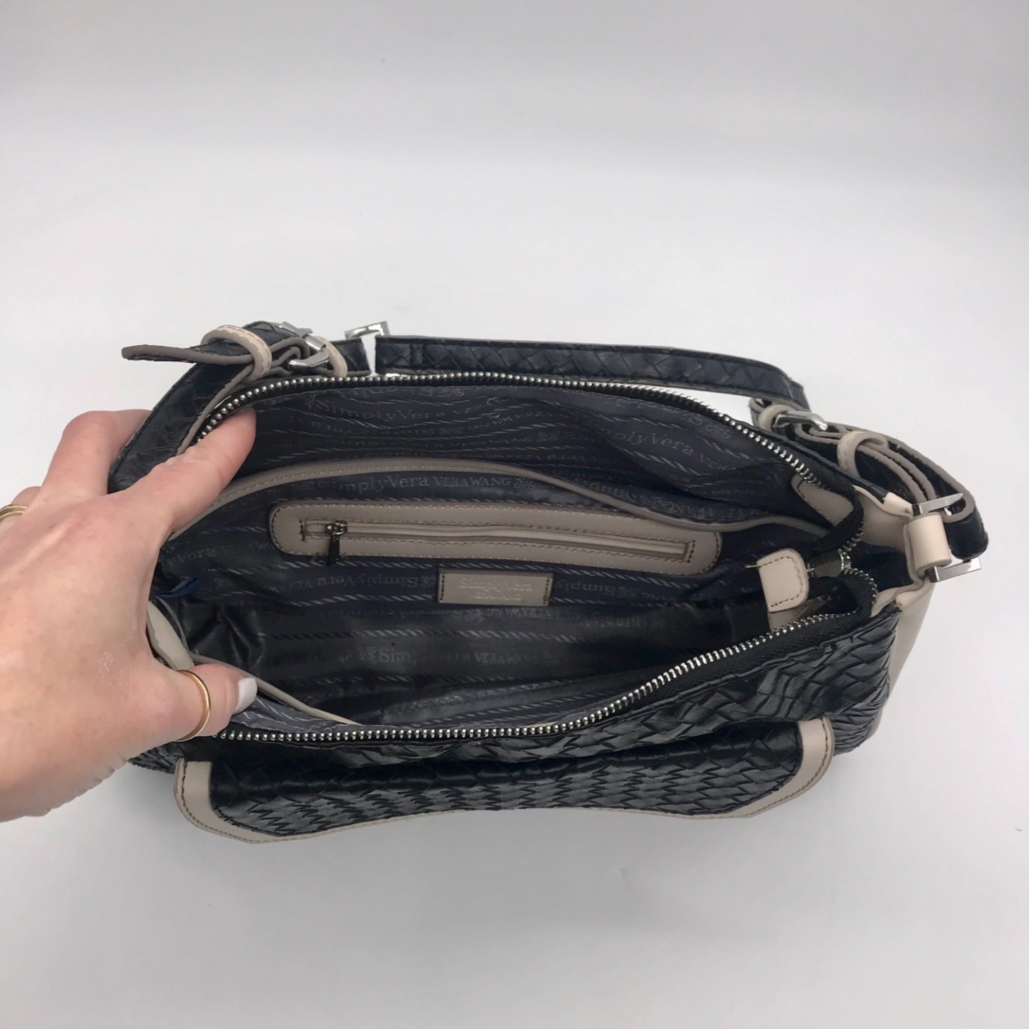 Vera Wang Black &amp; Off-White Woven Shoulder Bag