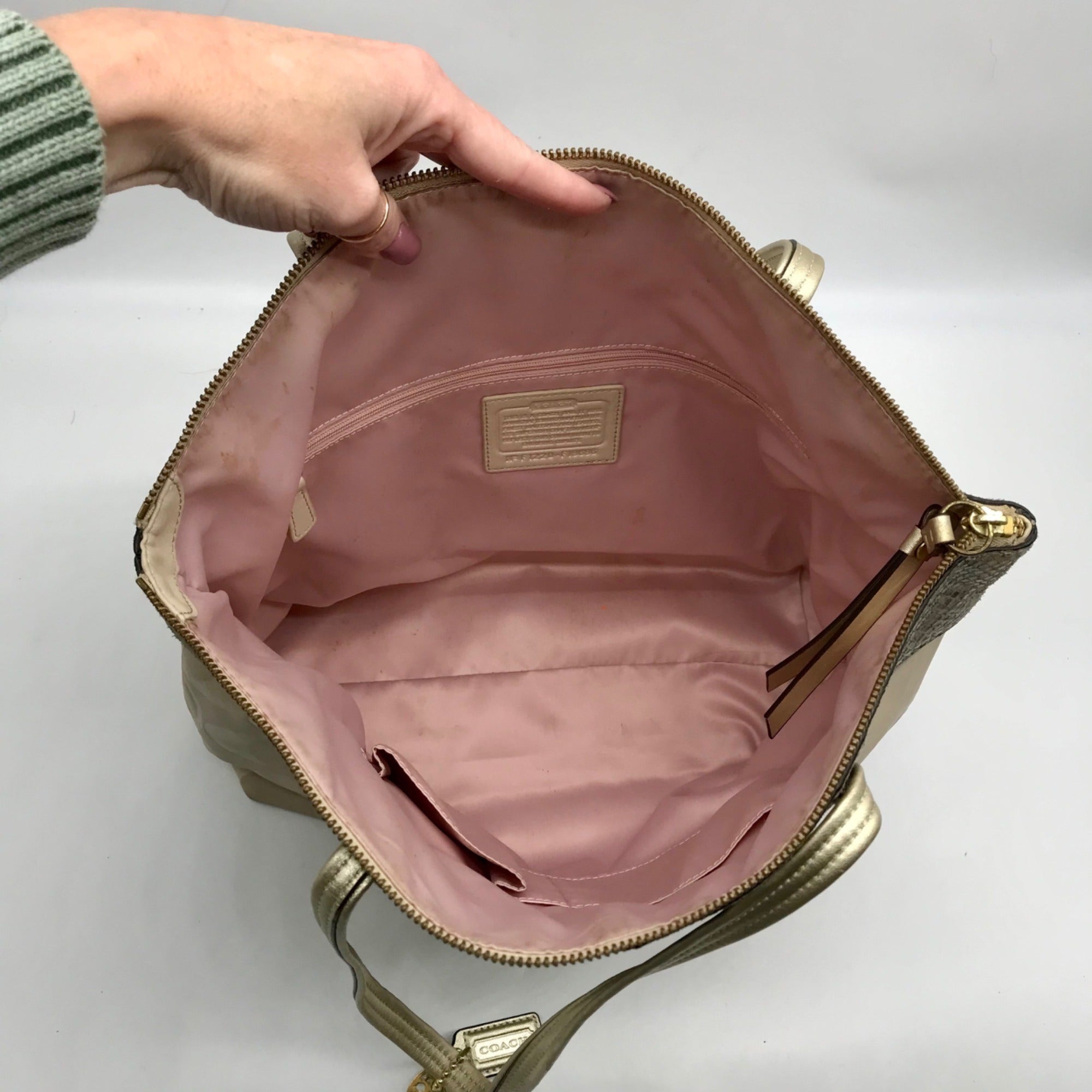 Coach Beige Monogram Leather With Snakeskin Trim Tote Bag F19696