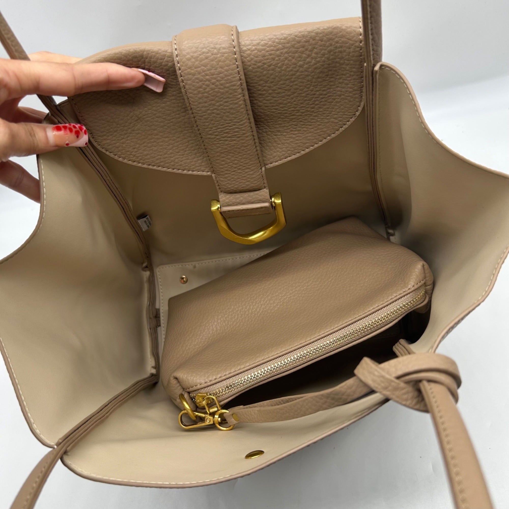 MMS Brands Beige Sculptural-Buckle Shoulder Bag and Mini Bag