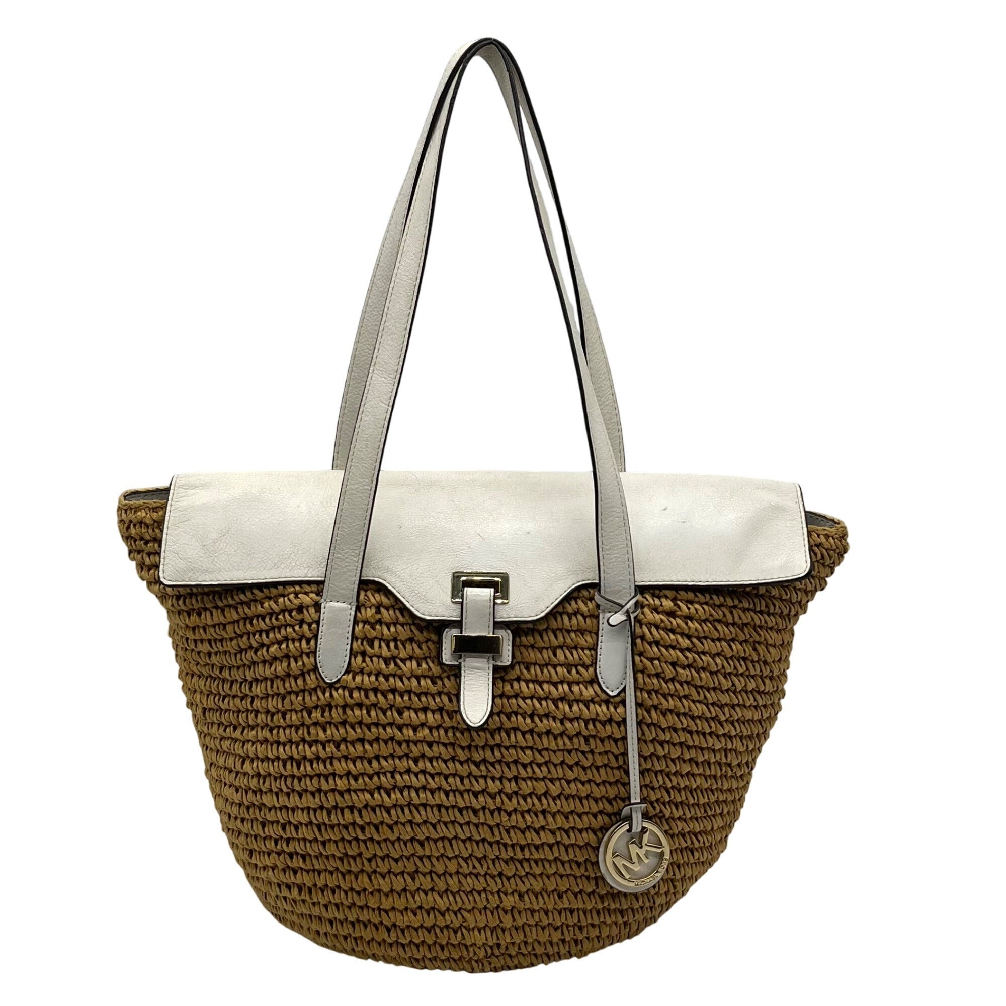 Michael Kors White Leather Woven Straw Large Naomi Tote Bag
