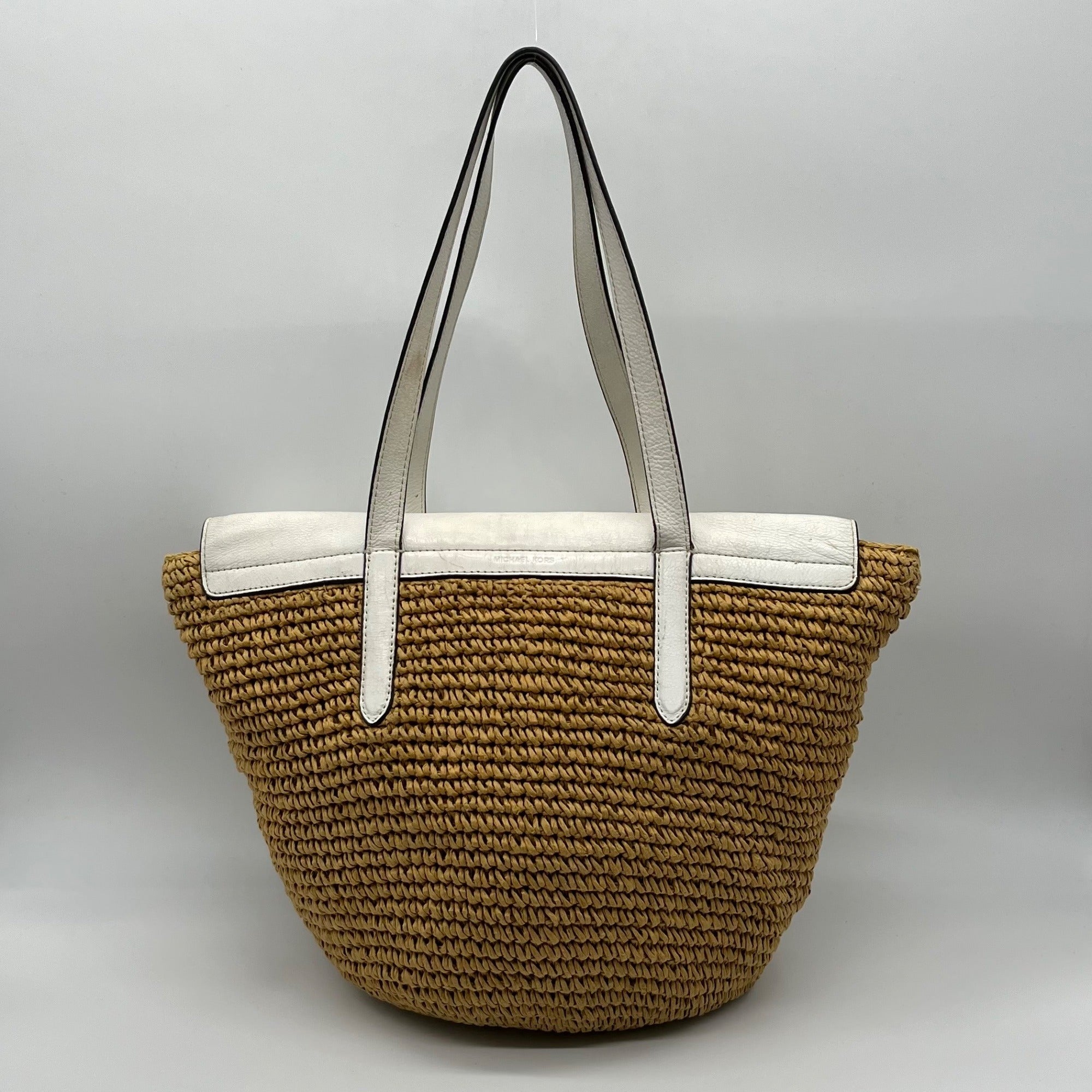 Michael Kors White Leather Woven Straw Large Naomi Tote Bag