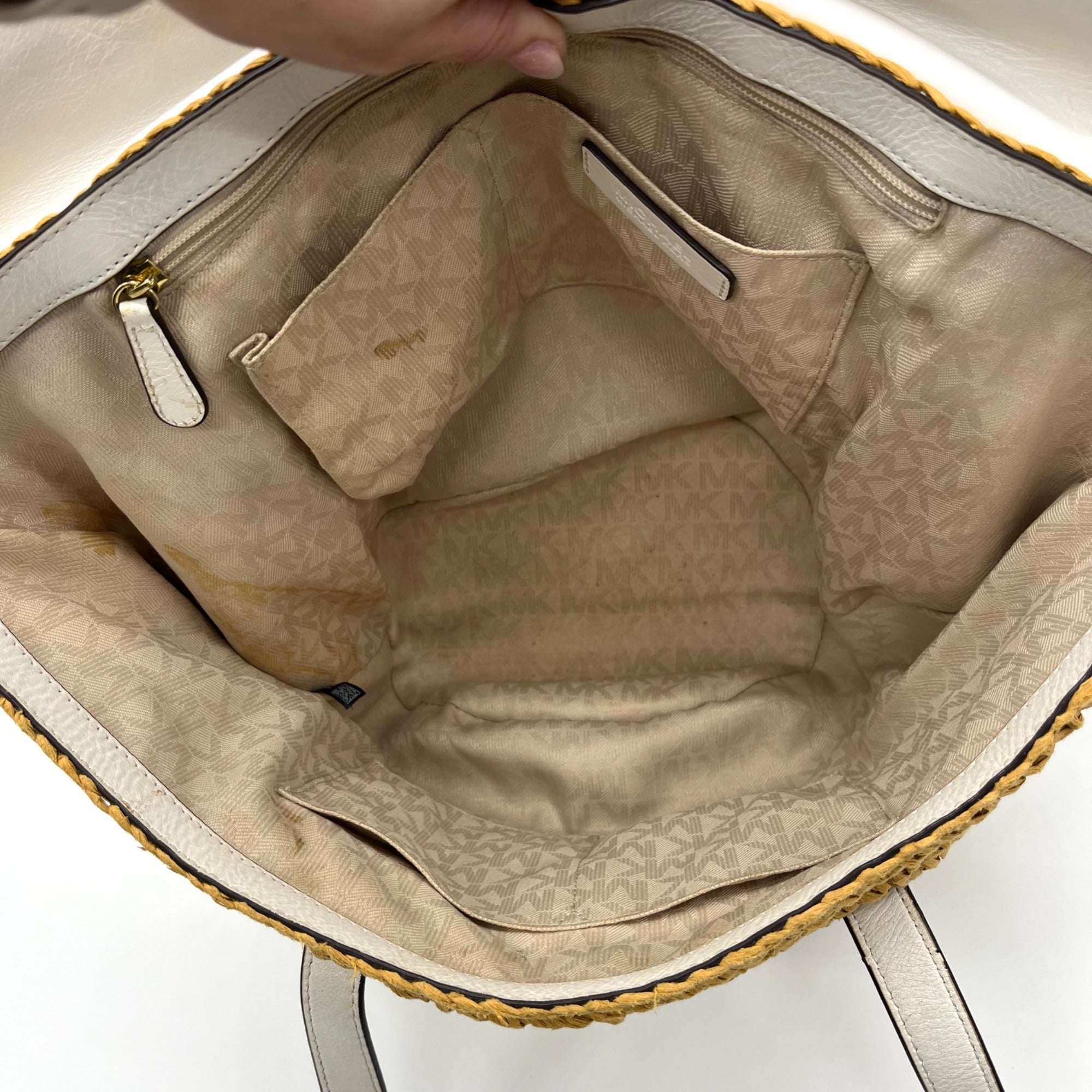 Michael Kors White Leather Woven Straw Large Naomi Tote Bag